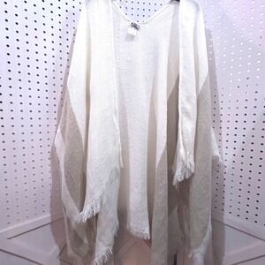 NYC Underground Cream White Striped Poncho Cape Open Front Fringe Lightweight